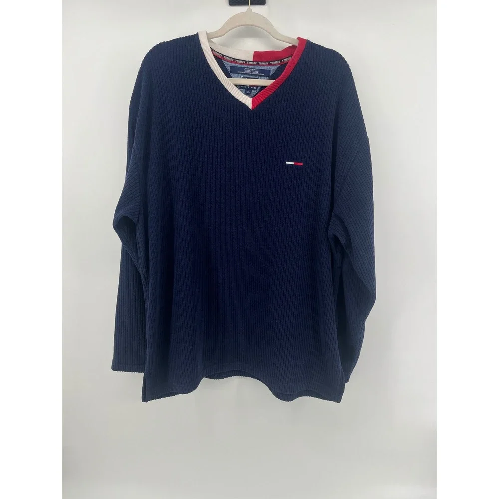 Vintage Tommy Jeans Ribbed V-Neck Sweater Navy Blue Red White Mens XL
